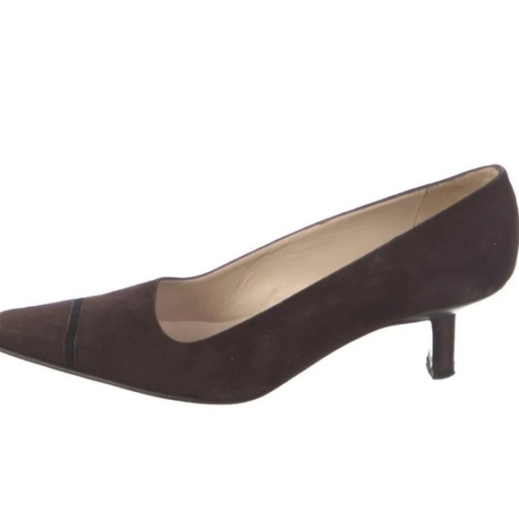 Chanel Vintage Pumps By  Karl Lagerfeld Brown Suede Printed Semi-Pointed Toes - Picture 4 of 5